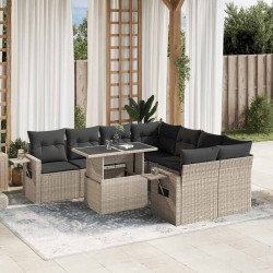 9 Pcs conj. sofás jardim com almofadões vime PE cinzento-claro