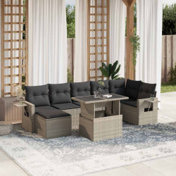 8 Pcs conj. sofás jardim c/ almofadões vime PE cinzento-claro