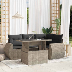 5 Pcs conj. sofás jardim c/ almofadões vime PE cinzento-claro