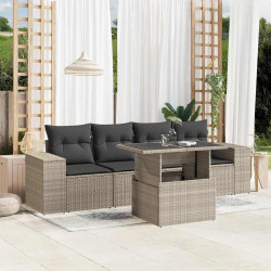 5 Pcs conj. sofás jardim c/ almofadões vime PE cinzento-claro