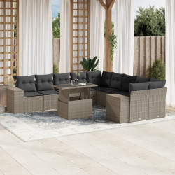 11 Pcs conjunto sofás de jardim c/ almofadões vime PE cinzento