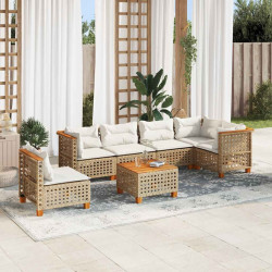 7 Pcs conjunto de sofás p/ jardim com almofadões vime PE bege