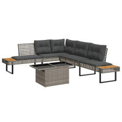 2 Pcs conj. sofás p/ jardim c/ almofadões vime PE e vidro cinza