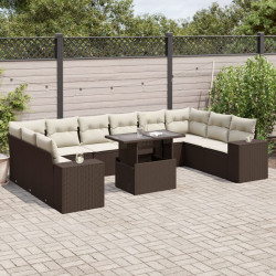11 Pcs conjunto sofás de jardim c/ almofadões vime PE castanho