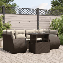 7 Pcs conjunto de sofás jardim c/ almofadões vime PE castanho