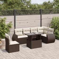 7 Pcs conjunto de sofás jardim c/ almofadões vime PE castanho