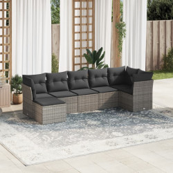 7 Pcs conjunto sofás p/ jardim c/ almofadões vime PE cinzento