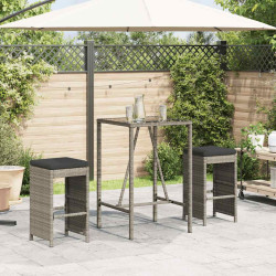 Bancos de bar p/ jardim com almofadões 2 pcs vime PE cinzento