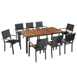 9 Pcs conjunto jantar exterior vime PE e madeira acácia preto