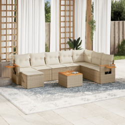 9 Pcs conjunto de sofás p/ jardim com almofadões vime PE bege