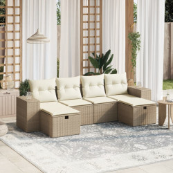 6 Pcs conjunto de sofás p/ jardim com almofadões vime PE bege