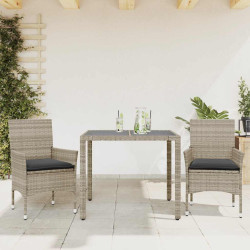 3 Pcs conjunto jantar jardim c/ almofadões PE/vidro cinza claro