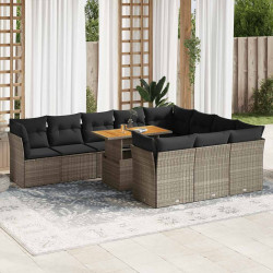 11 Pcs conjunto sofás de jardim c/ almofadões vime PE cinzento