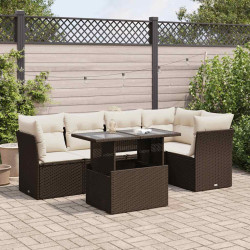6 Pcs conjunto de sofás jardim c/ almofadões vime PE castanho