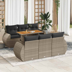 7 Pcs conjunto sofás p/ jardim c/ almofadões vime PE cinzento