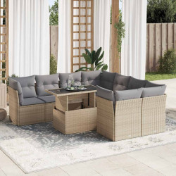 9 Pcs conjunto de sofás p/ jardim com almofadões vime PE bege
