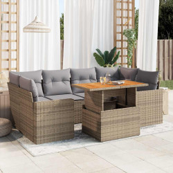 7 Pcs conjunto de sofás p/ jardim com almofadões vime PE bege