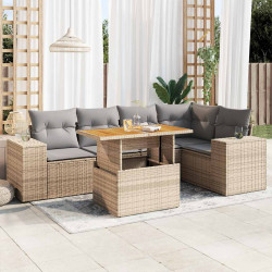 6 Pcs conjunto de sofás p/ jardim com almofadões vime PE bege