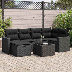 7 Pcs conjunto de sofás p/ jardim c/ almofadões vime PE preto