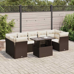 8 Pcs conjunto sofás de jardim c/ almofadões vime PE castanho
