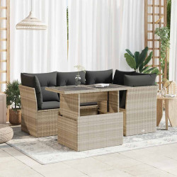 5 Pcs conj. sofás jardim c/ almofadões vime PE cinzento-claro