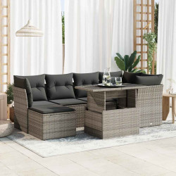 7 Pcs conjunto sofás p/ jardim c/ almofadões vime PE cinzento