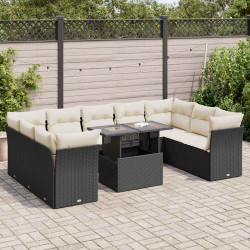 10 Pcs conjunto sofás de jardim c/ almofadões vime PE preto