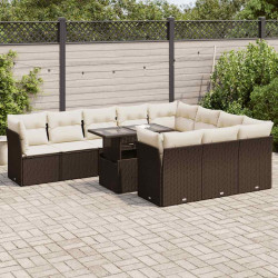 11 Pcs conjunto sofás de jardim c/ almofadões vime PE castanho