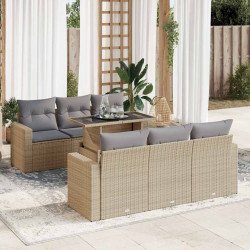 7 Pcs conjunto de sofás p/ jardim com almofadões vime PE bege