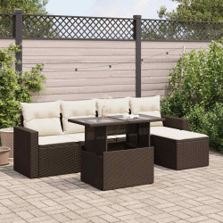 6 Pcs conjunto de sofás jardim c/ almofadões vime PE castanho