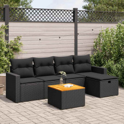 6 Pcs conjunto sofás de jardim c/ almofadões vime PE preto
