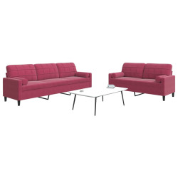 2Pcs conjunto sofás c/ almofadões e rolos veludo vermelho tinto