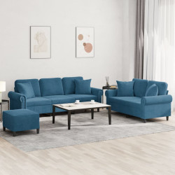 3 Pcs conjunto de sofás com almofadas veludo azul