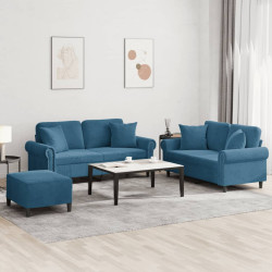 3 Pcs conjunto de sofás com almofadas veludo azul