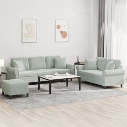 3 Pcs conjunto de sofás com almofadas veludo cinzento-claro