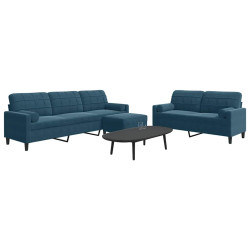 3 Pcs conjunto de sofás com almofadões e rolos veludo azul