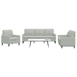 3 Pcs conjunto de sofás com almofadões veludo cinzento-claro
