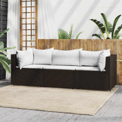 3 Pcs conjunto lounge jardim c/ almofadões vime PE castanho