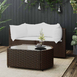 3 Pcs conjunto lounge jardim c/ almofadões vime PE castanho