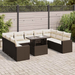 10 Pcs conj. sofás jardim com almofadões vime PE castanho