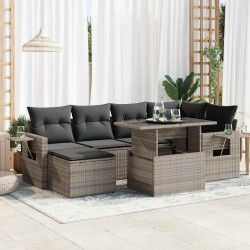 7 Pcs conjunto sofás p/ jardim c/ almofadões vime PE cinzento