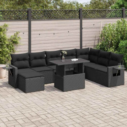 9 Pcs conjunto de sofás p/ jardim c/ almofadões vime PE preto