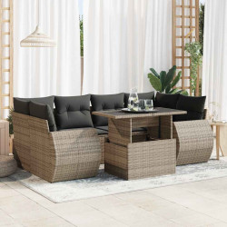 7 Pcs conjunto sofás p/ jardim c/ almofadões vime PE cinzento