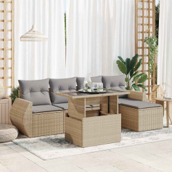 6 Pcs conjunto de sofás p/ jardim com almofadões vime PE bege