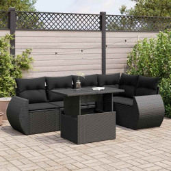 6 Pcs conjunto sofás de jardim c/ almofadões vime PE preto