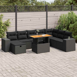 9 Pcs conjunto sofás p/ jardim almofadões vime PE/acácia preto