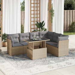 7 Pcs conjunto de sofás p/ jardim com almofadões vime PE bege