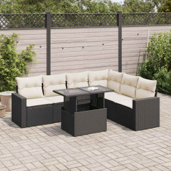 7 Pcs conjunto de sofás p/ jardim c/ almofadões vime PE preto