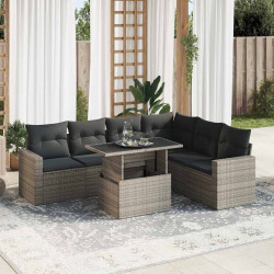 7 Pcs conjunto sofás p/ jardim c/ almofadões vime PE cinzento