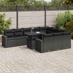 11 Pcs conjunto sofás de jardim c/ almofadões vime PE preto